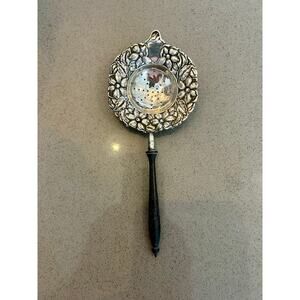 SSMC Antique Sterling Silver Floral Repousse Tea Strainer with Ebony Handle
